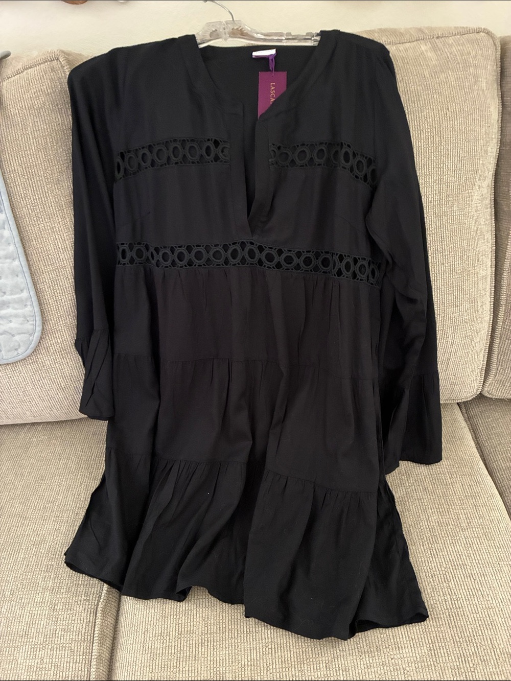 Black Women’s Tiered Tunic Dress with Eyelet Trim